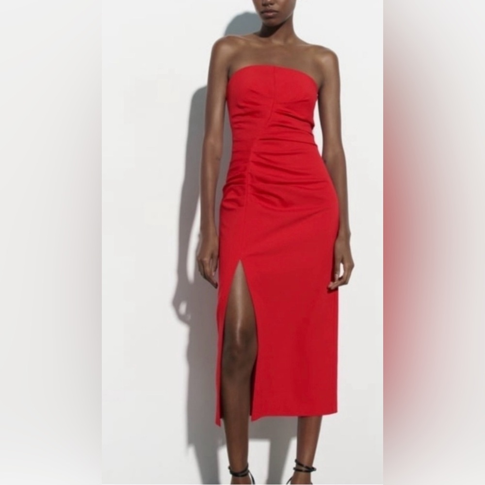NWT Zara xs formal women’s elegant red midi  Red Strapless Dress